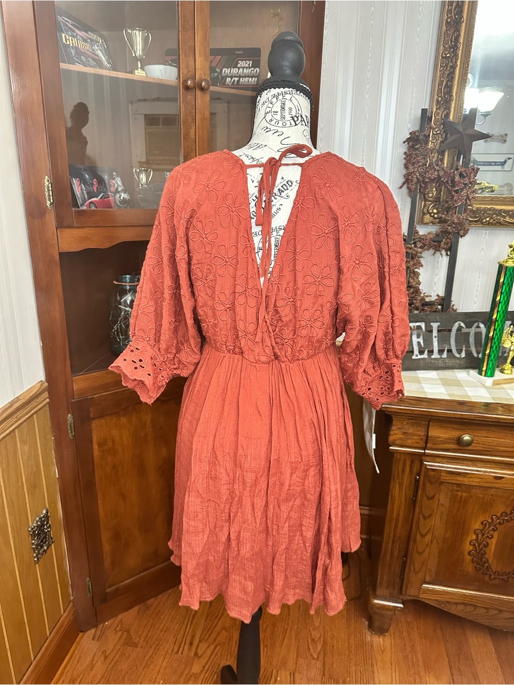 Rebellion Rust Eyelet V-Neck Mini Dress - Picture 2 of 3